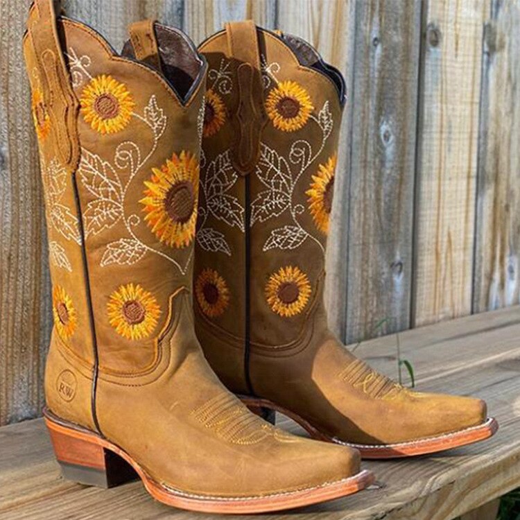 Stefanie | Elegante Stiefel mit Sonnenblumen-Stickerei - Elle Zürich