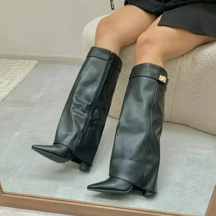 Christa | Damen Leder Oberschenkelhohe Stiefel mit Schnalle