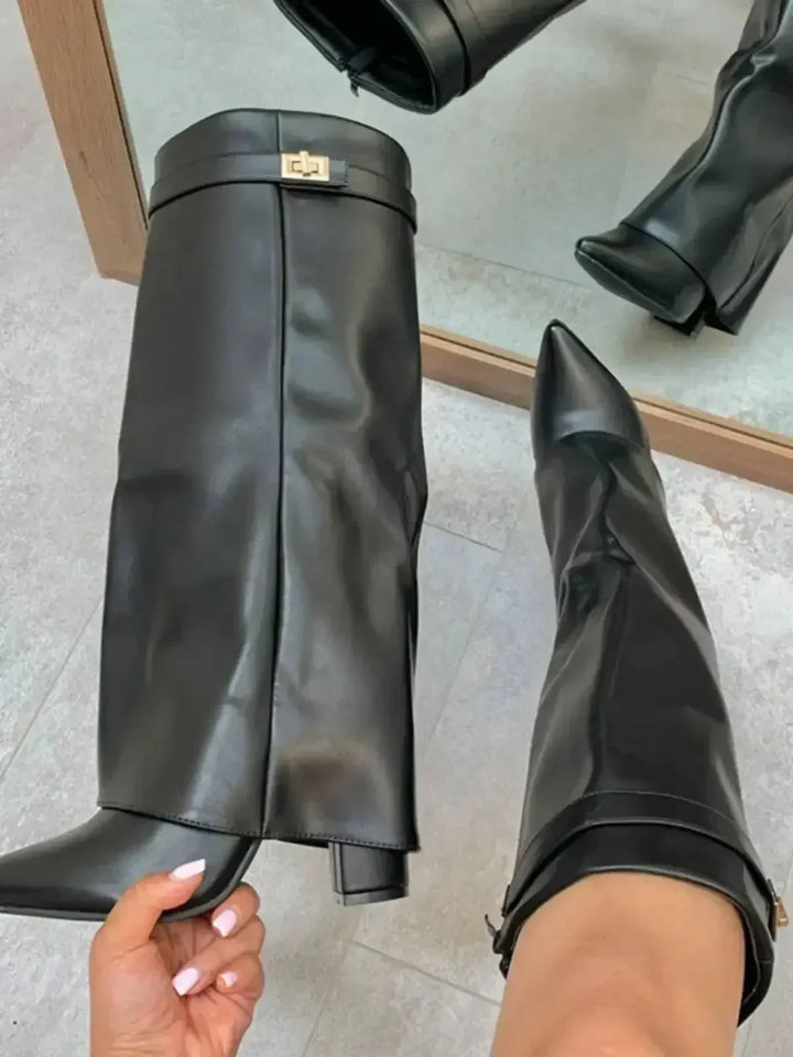 Christa | Damen Leder Oberschenkelhohe Stiefel mit Schnalle