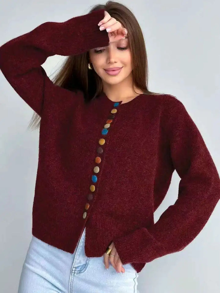 Greta | Damen Gemütlicher Winter Cardigan mit Buntem Knopf