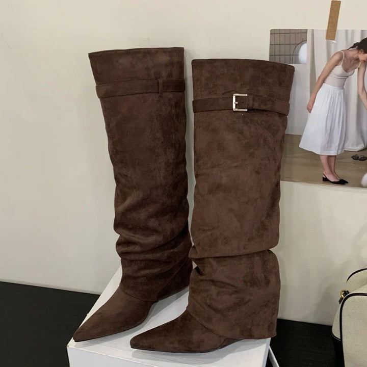 Doris | Damen Leder Oberschenkelhohe Stiefel mit Schnalle