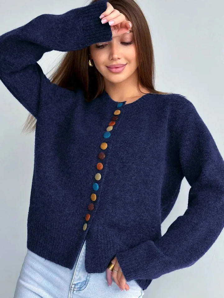 Greta | Damen Gemütlicher Winter Cardigan mit Buntem Knopf