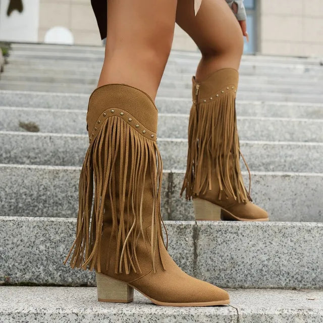 Sabina | Damen Vintage Western Stiefel mit Langen Fransen