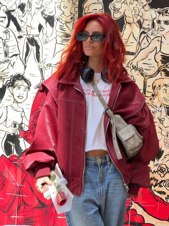 Christa | Damen Übergroße Leder Bomberjacke für Wintermode