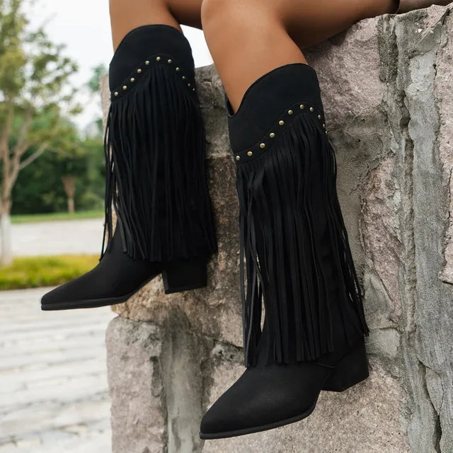 Sabina | Damen Vintage Western Stiefel mit Langen Fransen