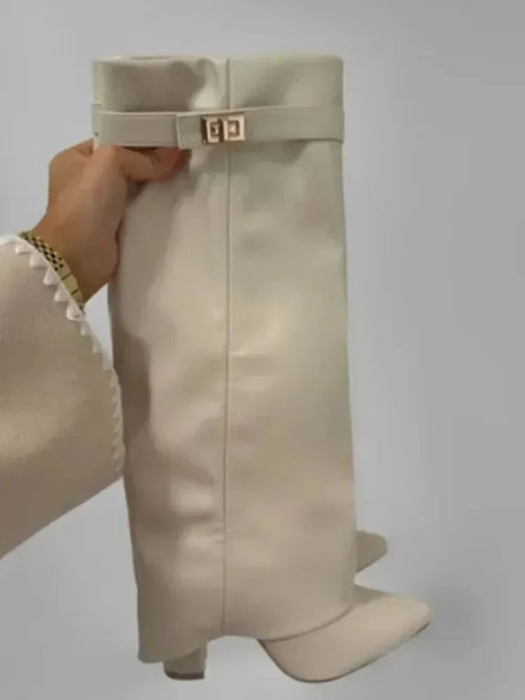 Christa | Damen Leder Oberschenkelhohe Stiefel mit Schnalle