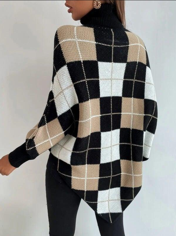 Jessica | Damen Turtleneck Poncho Pullover mit Kariertem Muster - Elle Zürich
