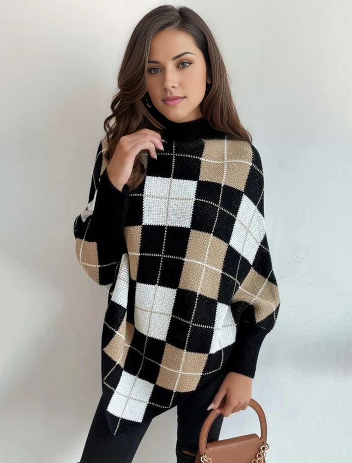 Jessica | Damen Turtleneck Poncho Pullover mit Kariertem Muster - Elle Zürich