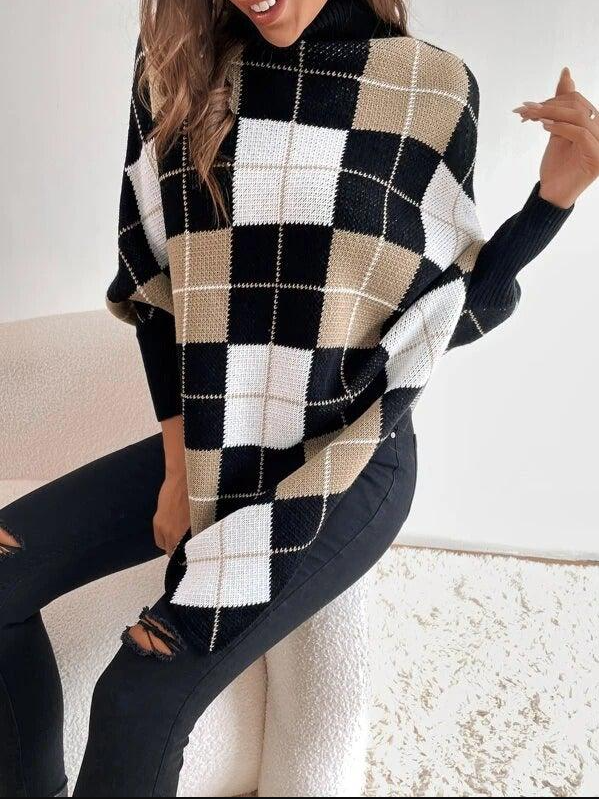 Jessica | Damen Turtleneck Poncho Pullover mit Kariertem Muster - Elle Zürich