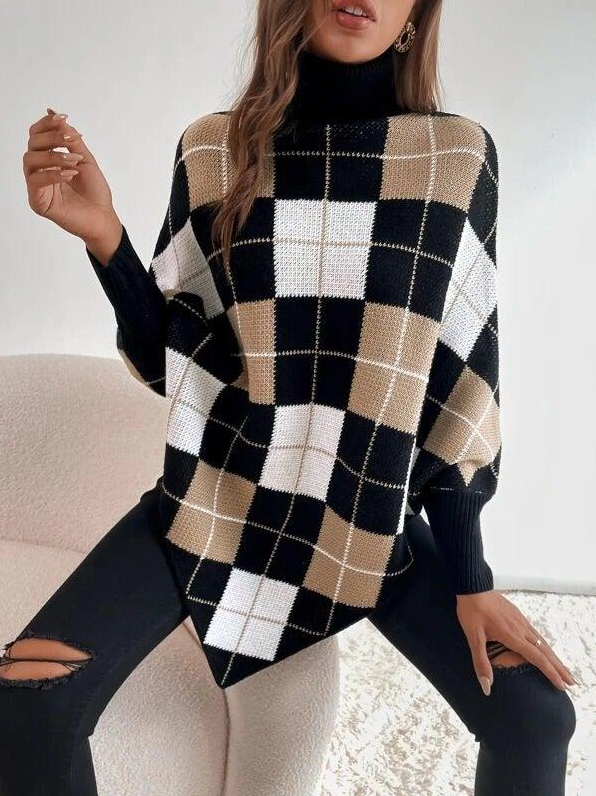 Jessica | Damen Turtleneck Poncho Pullover mit Kariertem Muster - Elle Zürich