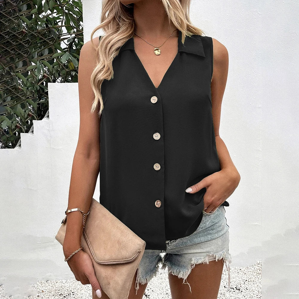Felicia | Damen Sommer Ärmellose Bluse mit Knöpfen - Elle Zürich