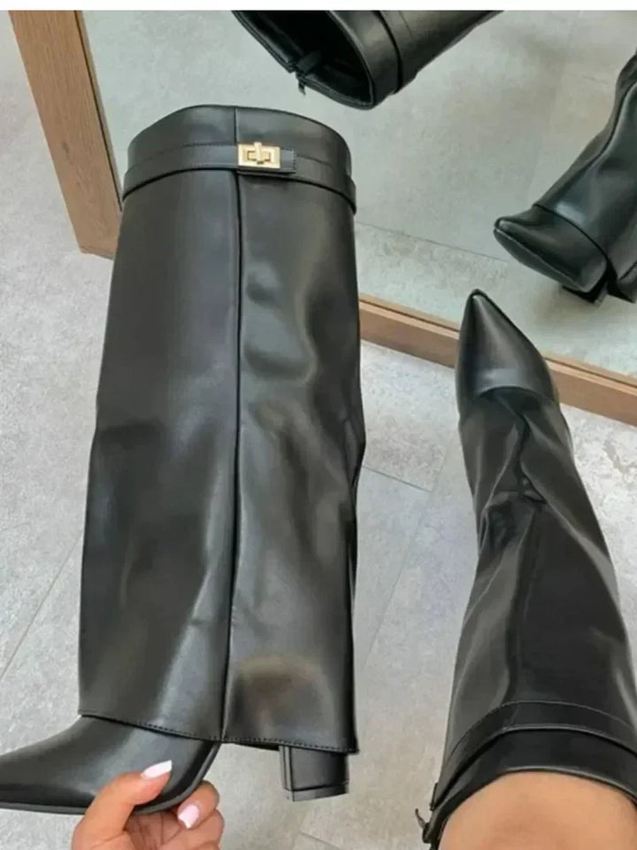 Christa | Damen Leder Oberschenkelhohe Stiefel mit Schnalle