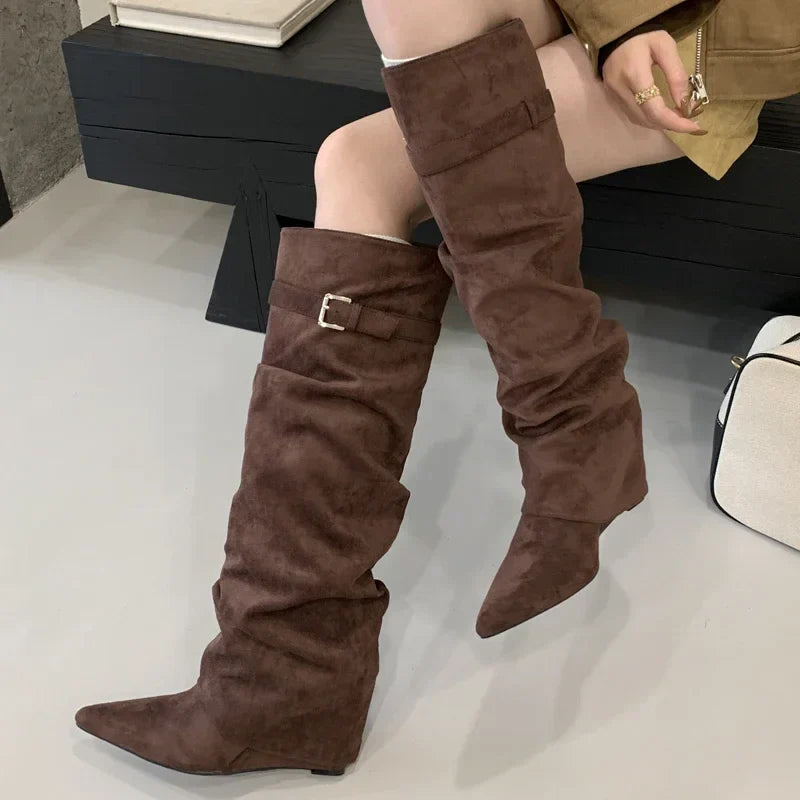 Doris | Damen Leder Oberschenkelhohe Stiefel mit Schnalle