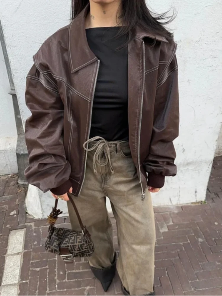 Christa | Damen Übergroße Leder Bomberjacke für Wintermode