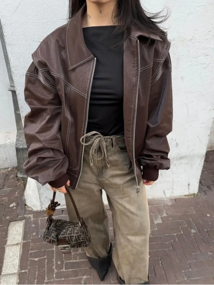 Christa | Damen Übergroße Leder Bomberjacke für Wintermode