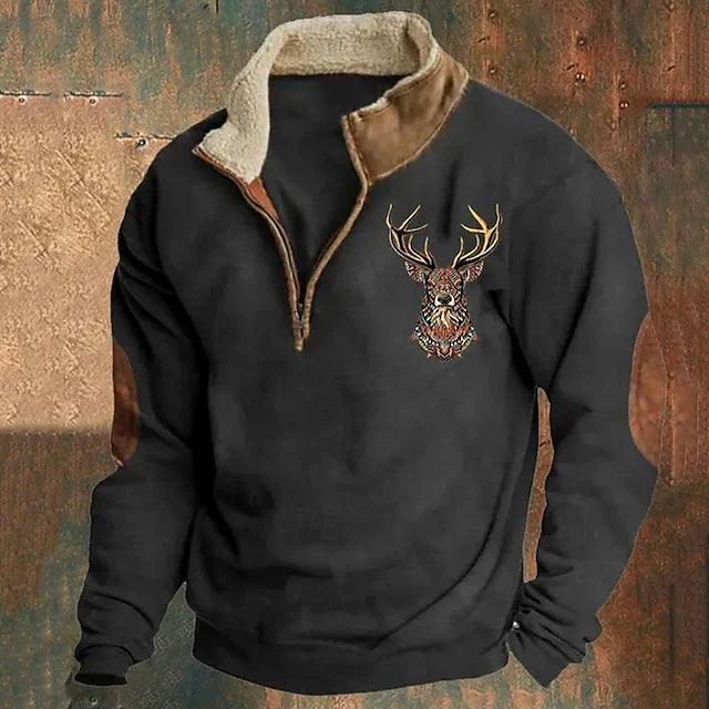 Walter | Herren Winter Fleece Pullover mit Hirschmotiv und Reißverschlusskragen - Elle Zürich