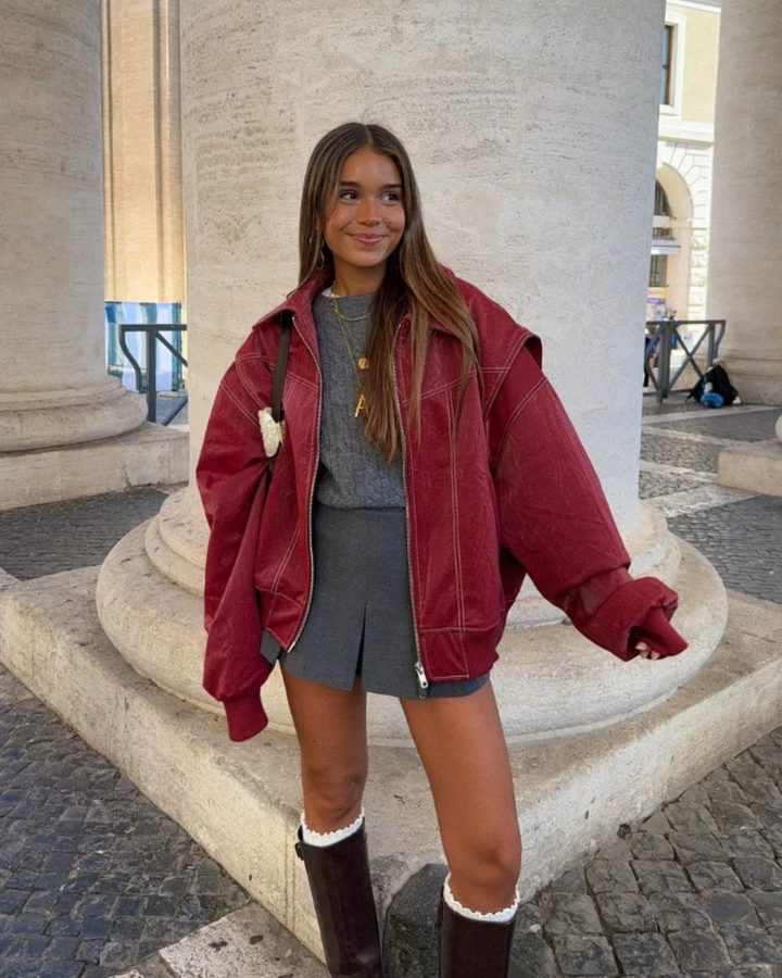 Christa | Damen Übergroße Leder Bomberjacke für Wintermode