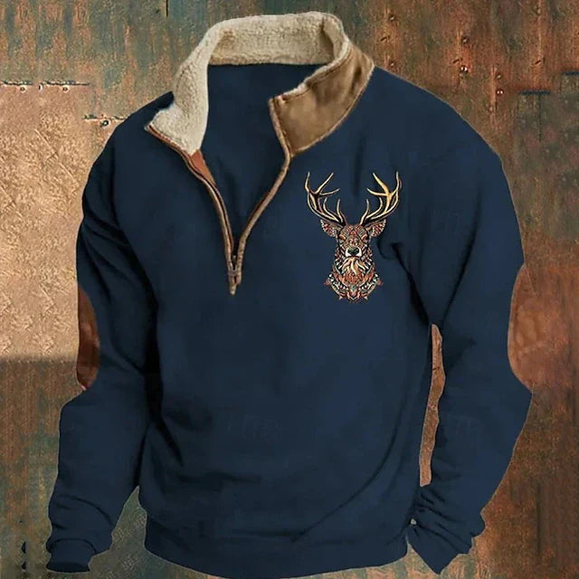 Walter | Herren Winter Fleece Pullover mit Hirschmotiv und Reißverschlusskragen - Elle Zürich