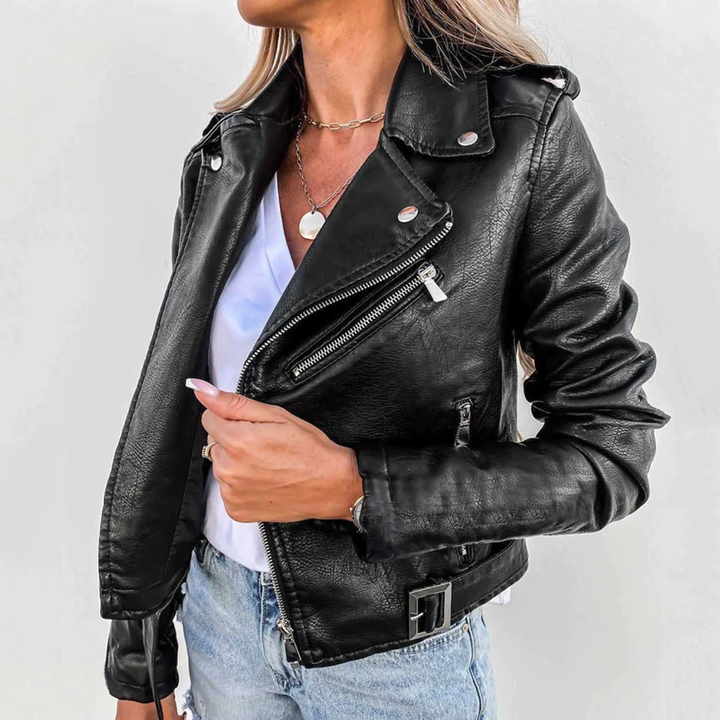 Viviane | Damen Trendige Motorradjacke mit Reißverschluss und Gürtel