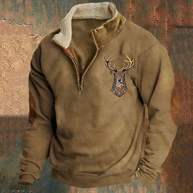 Walter | Herren Winter Fleece Pullover mit Hirschmotiv und Reißverschlusskragen - Elle Zürich