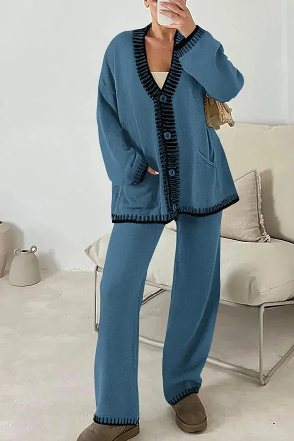 Claudia | Damen Strick-Loungewear-Set mit Knopfpullover und Weiten Hosen - Elle Zürich