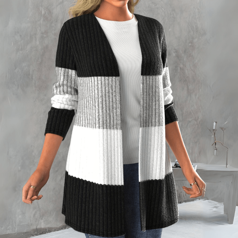 Nicole | Damen Winter-Strickmantel mit Farbblock-Design und Langschnitt - Elle Zürich