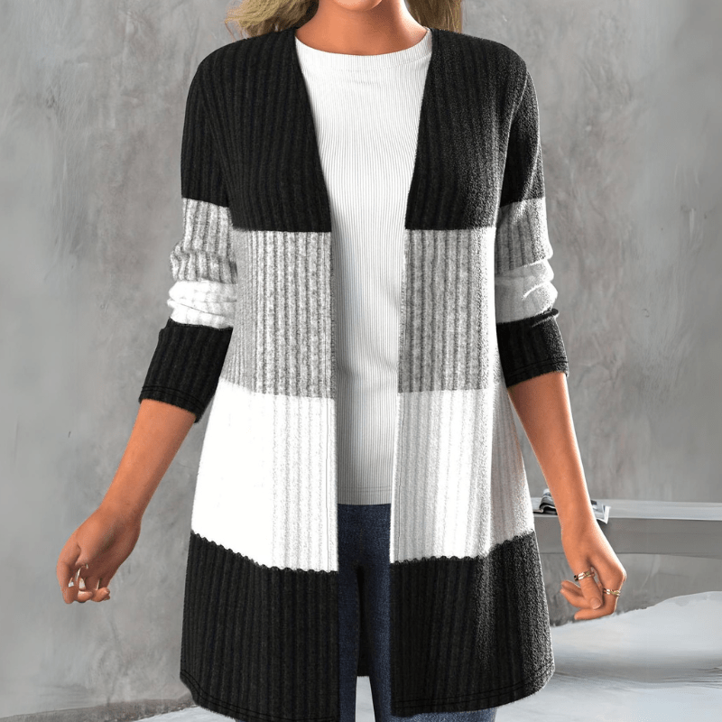 Nicole | Damen Winter-Strickmantel mit Farbblock-Design und Langschnitt - Elle Zürich