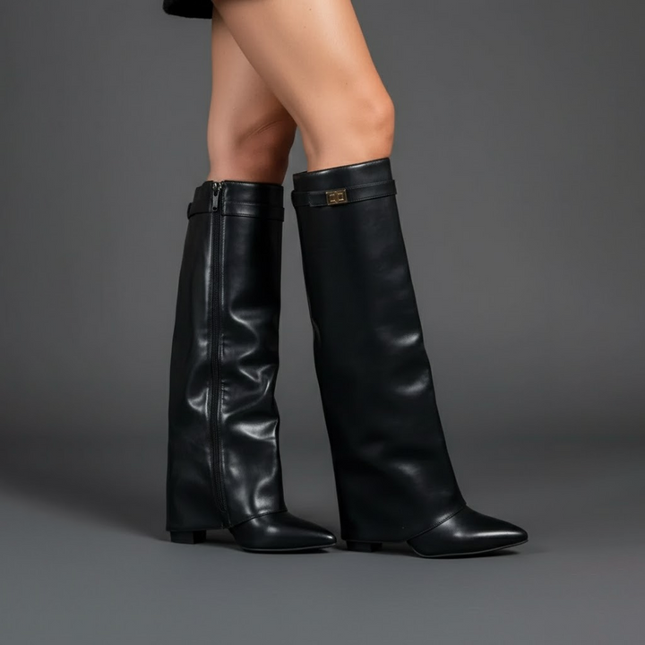 Yvonne | Damen Leder Overknee Stiefel Mit Schnalle