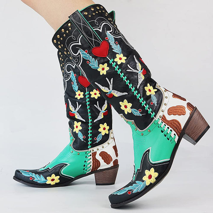 Jasmin | Damen Künstlerische Vintage Hohe Cowboy Stiefel