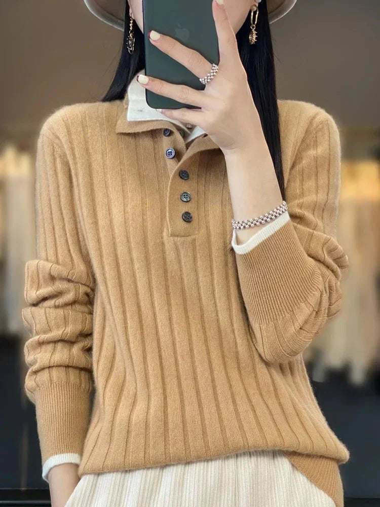 Verena | Damen Winter-Strickpullover mit Knopfleiste am Ausschnitt - Elle Zürich