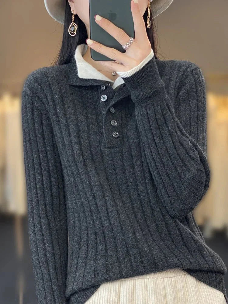 Verena | Damen Winter-Strickpullover mit Knopfleiste am Ausschnitt - Elle Zürich
