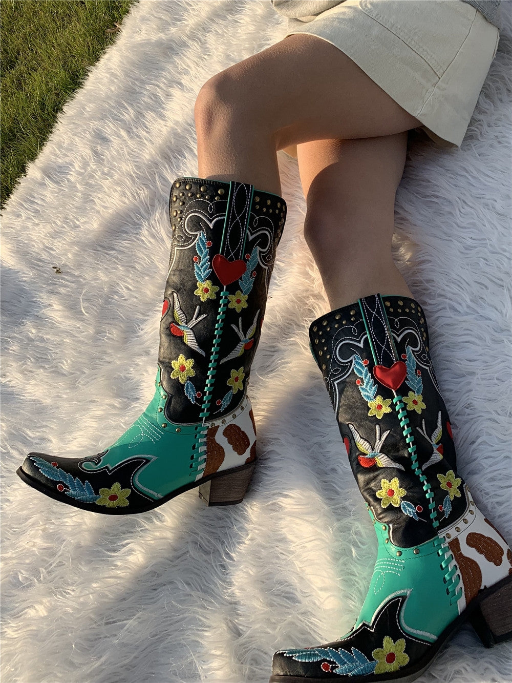 Jasmin | Damen Künstlerische Vintage Hohe Cowboy Stiefel