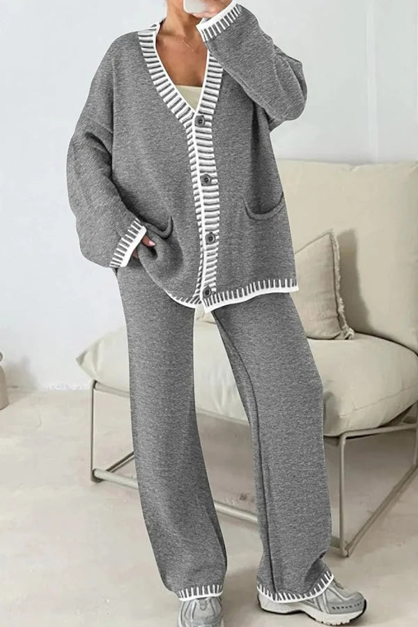 Claudia | Damen Strick-Loungewear-Set mit Knopfpullover und Weiten Hosen - Elle Zürich