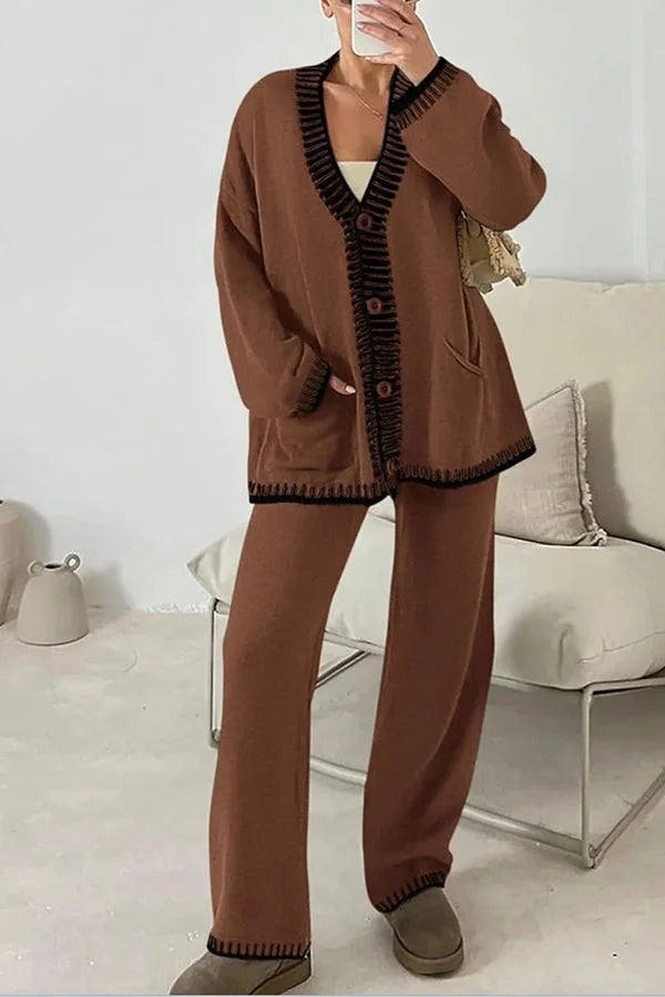 Claudia | Damen Strick-Loungewear-Set mit Knopfpullover und Weiten Hosen - Elle Zürich