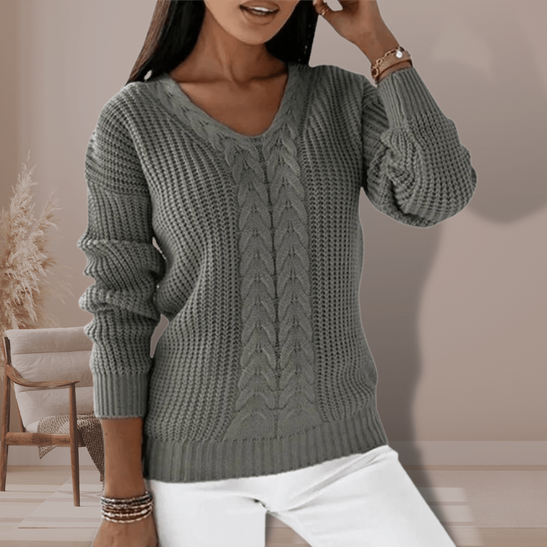 Jessica | Damen Winterpullover mit V-Ausschnitt und Zopfmuster - Elle Zürich
