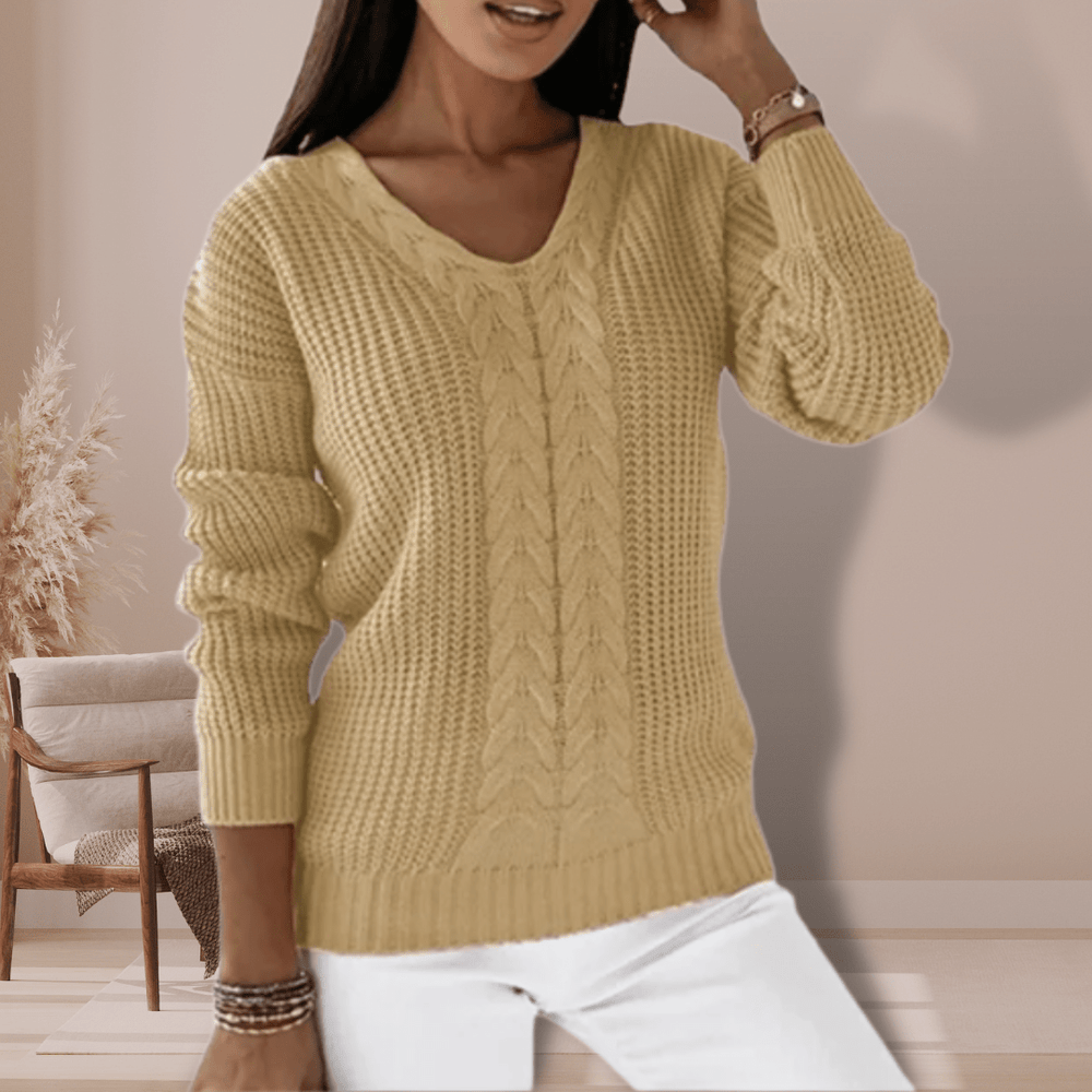 Jessica | Damen Winterpullover mit V-Ausschnitt und Zopfmuster - Elle Zürich