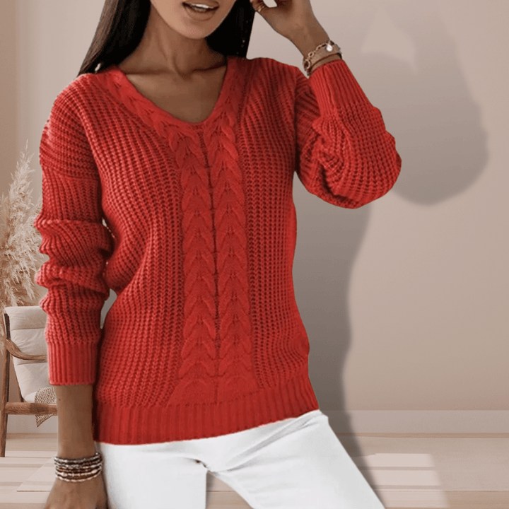 Jessica | Damen Winterpullover mit V-Ausschnitt und Zopfmuster - Elle Zürich
