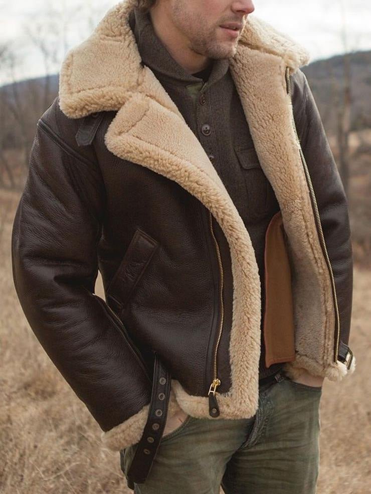 Hermano | Herren Warme Lammfell-Lederjacke mit Gürtel