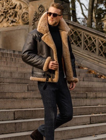 Hermano | Herren Warme Lammfell-Lederjacke mit Gürtel