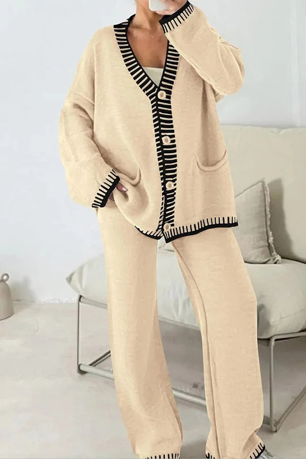 Claudia | Damen Strick-Loungewear-Set mit Knopfpullover und Weiten Hosen - Elle Zürich