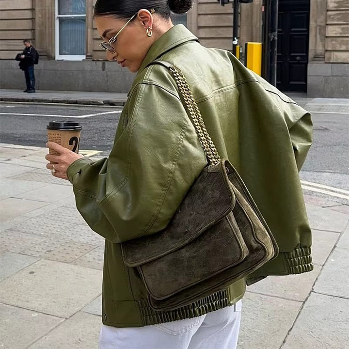 Kathrin | Damen Übergroße Leder Bomberjacke für Wintermode