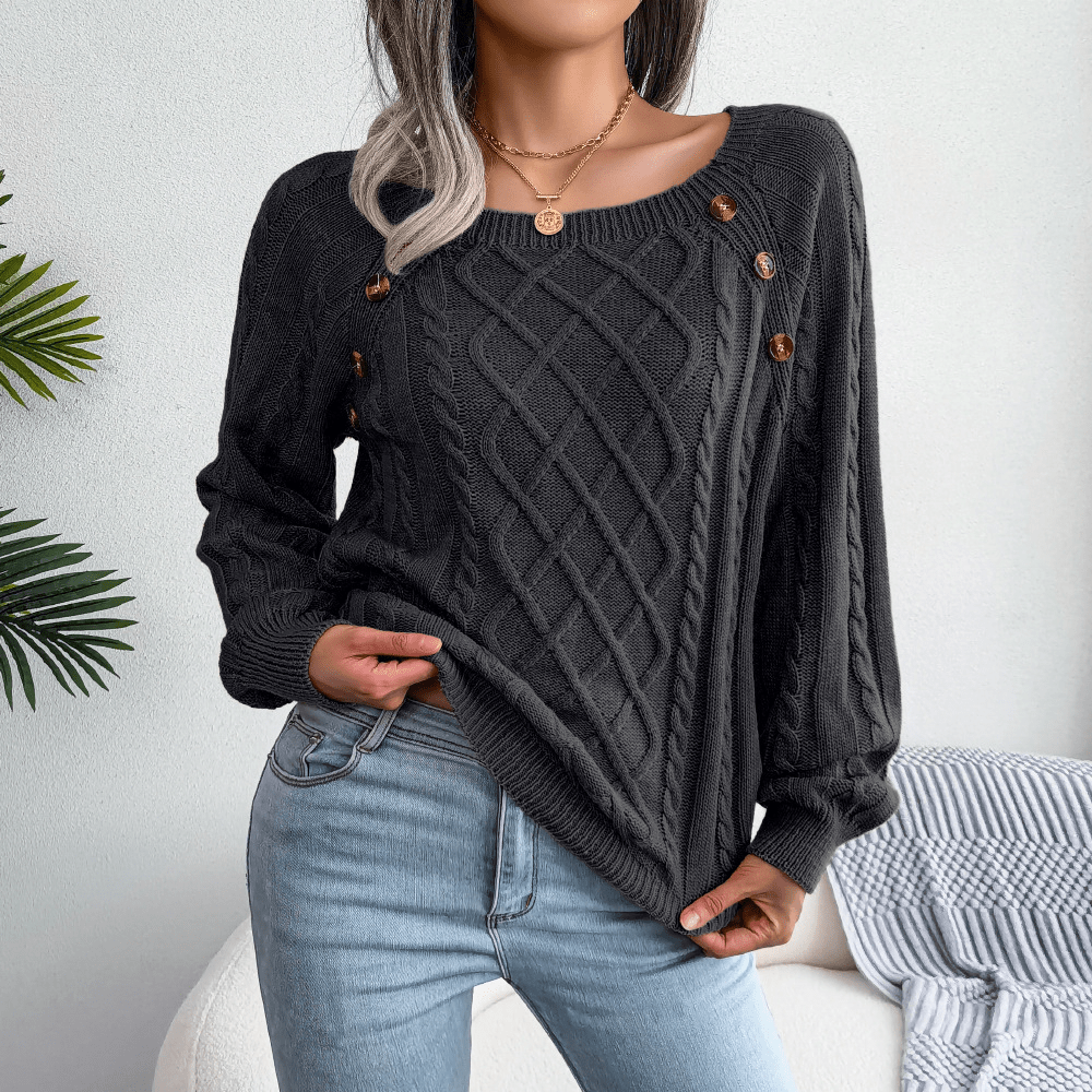 Susanne | Damen Winter-Strickpullover mit Zopfmuster und Knopfdetails - Elle Zürich